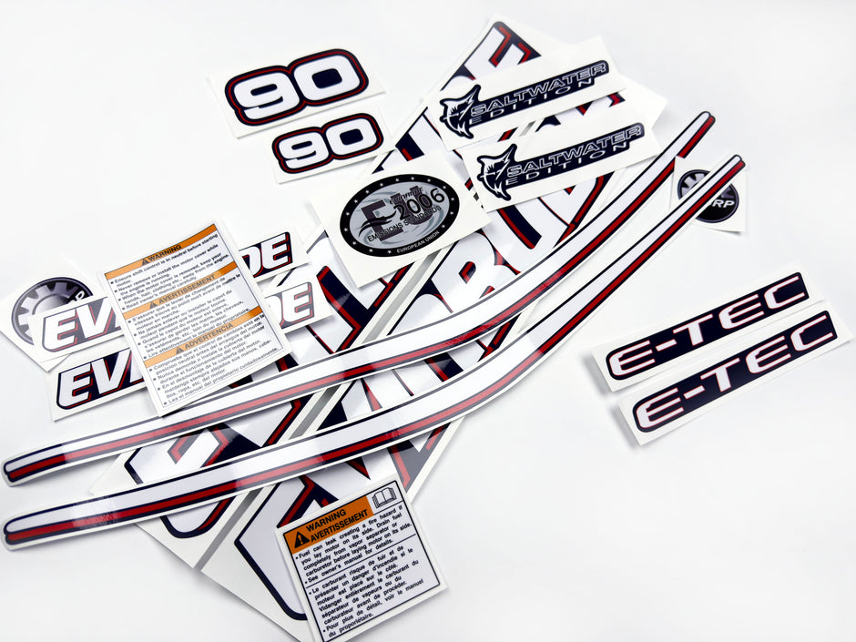 Vinyl graphic decals set suitable for Evinrude 90 hp two stroke outboard engine for blue cover cowling . Vinyl stickers kit for Ewinrude 90 hp two stroke Handmade