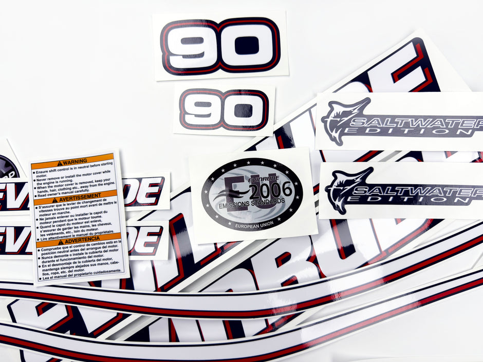 Vinyl graphic decals set suitable for Evinrude 90 hp two stroke outboard engine for blue cover cowling . Vinyl stickers kit for Ewinrude 90 hp two stroke Handmade