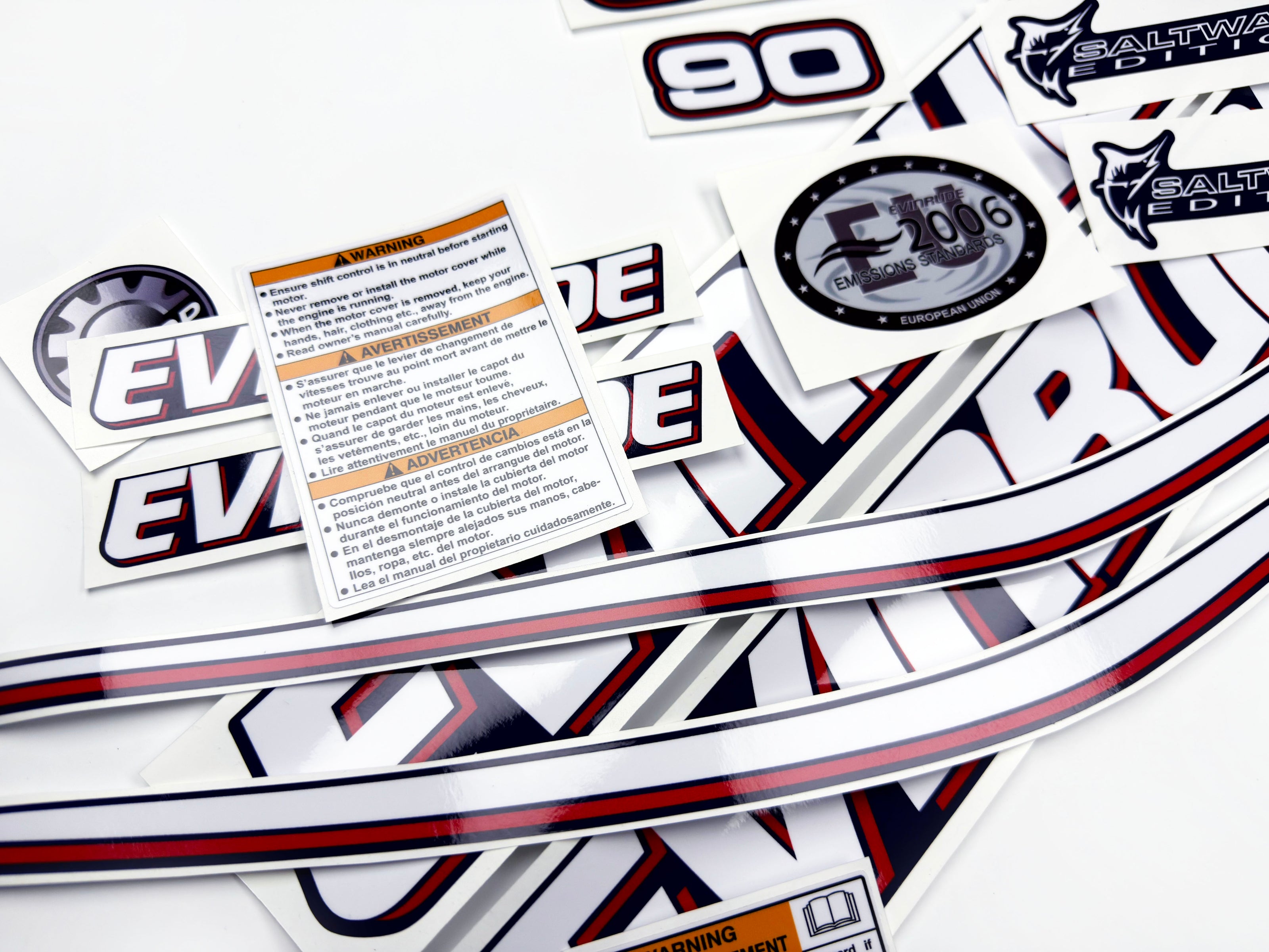 Vinyl graphic decals set suitable for Evinrude 90 hp two stroke outboard engine for blue cover cowling . Vinyl stickers kit for Ewinrude 90 hp two stroke Handmade