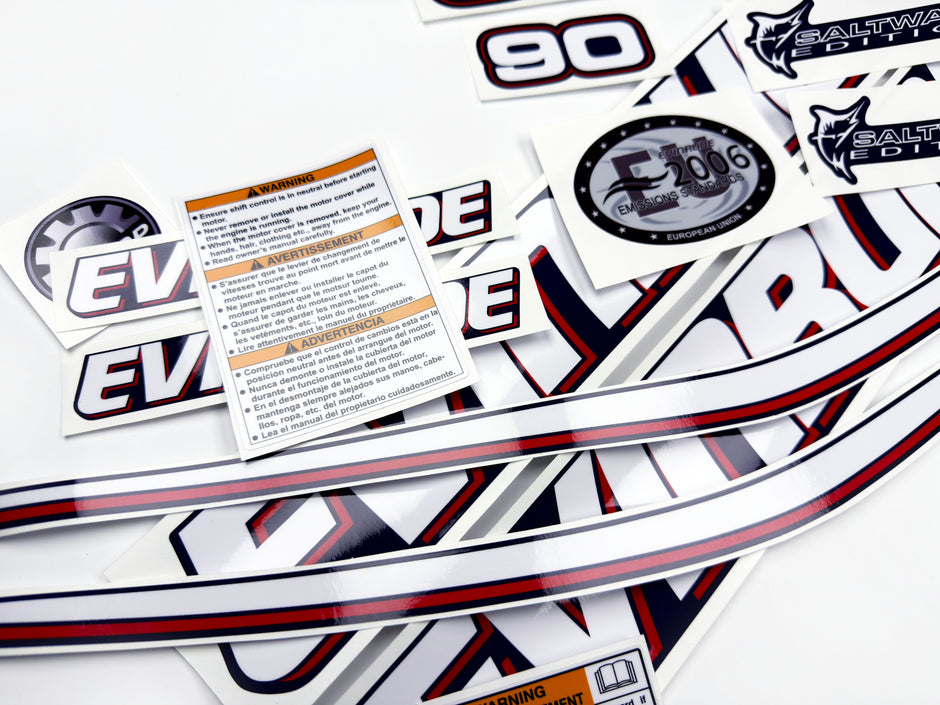 Vinyl graphic decals set suitable for Evinrude 90 hp two stroke outboard engine for blue cover cowling . Vinyl stickers kit for Ewinrude 90 hp two stroke Handmade