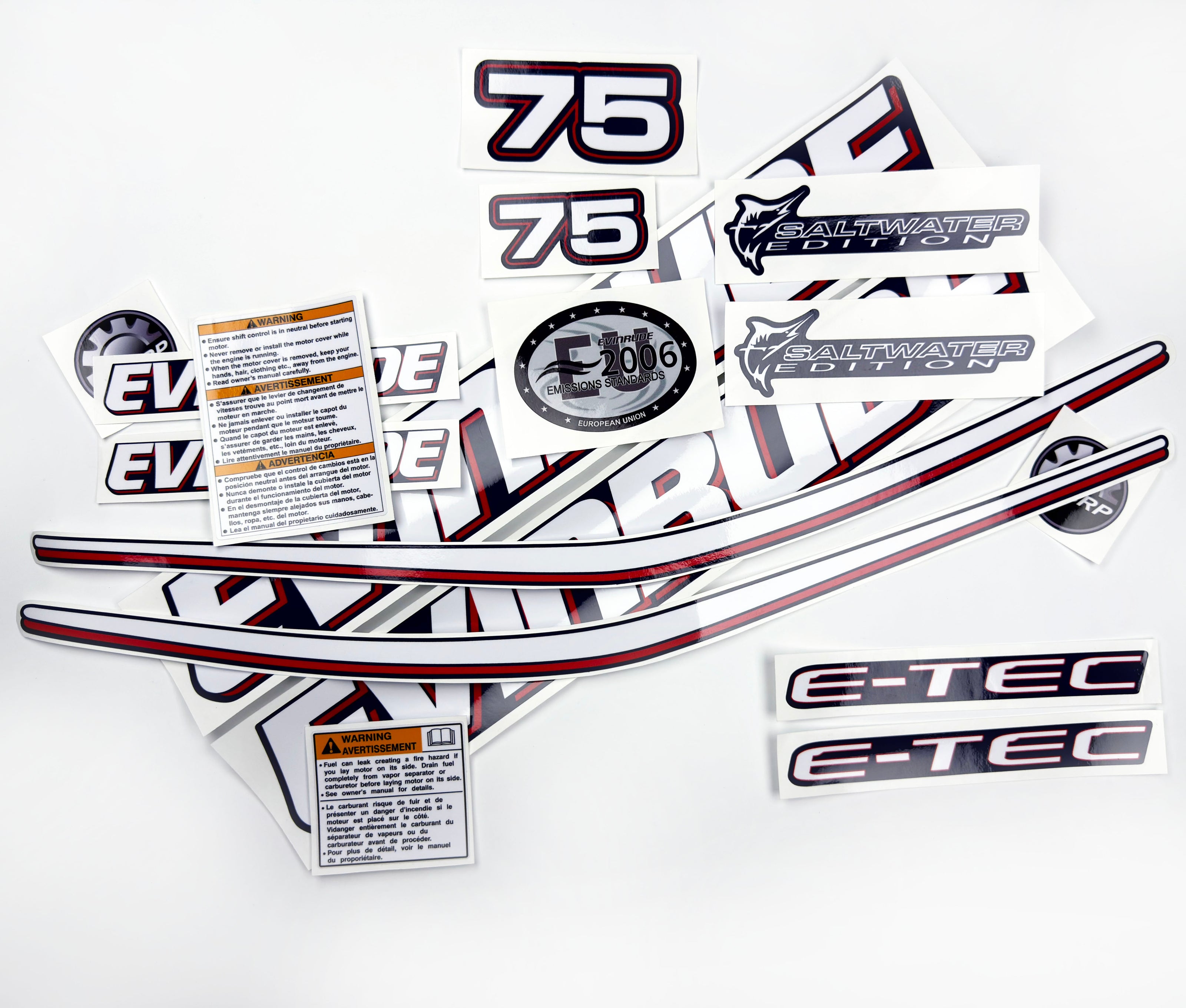 Vinyl graphic decals set suitable for Evinrude 75 hp two stroke outboard engine for blue cover cowling . Vinyl stickers kit for Ewinrude 75 hp two stroke Handmade