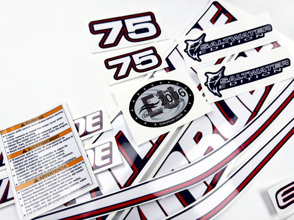 Vinyl graphic decals set suitable for Evinrude 75 hp two stroke outboard engine for blue cover cowling . Vinyl stickers kit for Ewinrude 75 hp two stroke Handmade