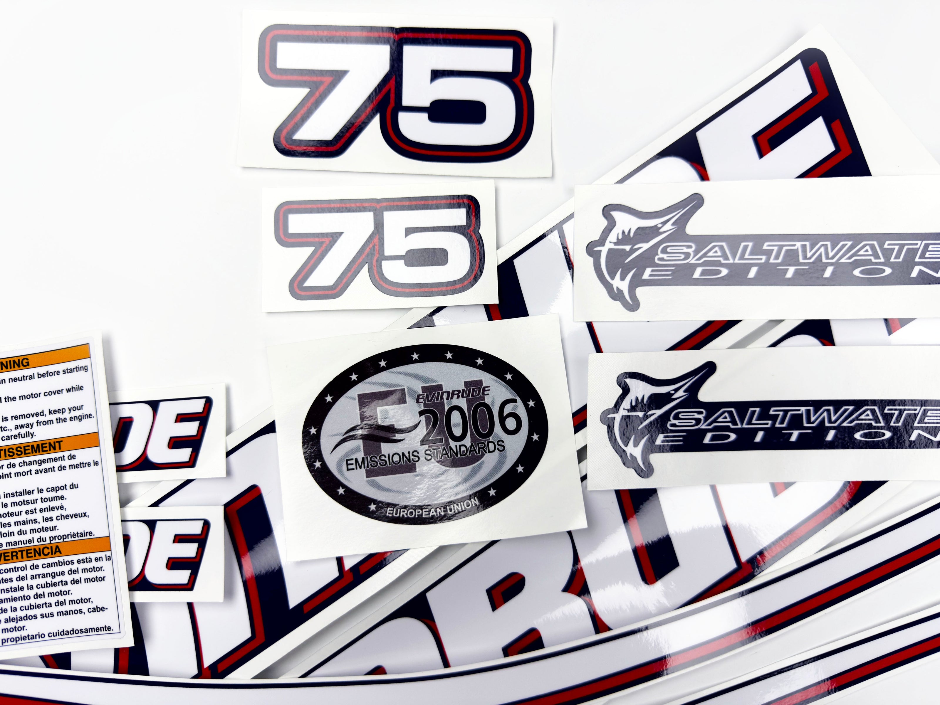 Vinyl graphic decals set suitable for Evinrude 75 hp two stroke outboard engine for blue cover cowling . Vinyl stickers kit for Ewinrude 75 hp two stroke Handmade