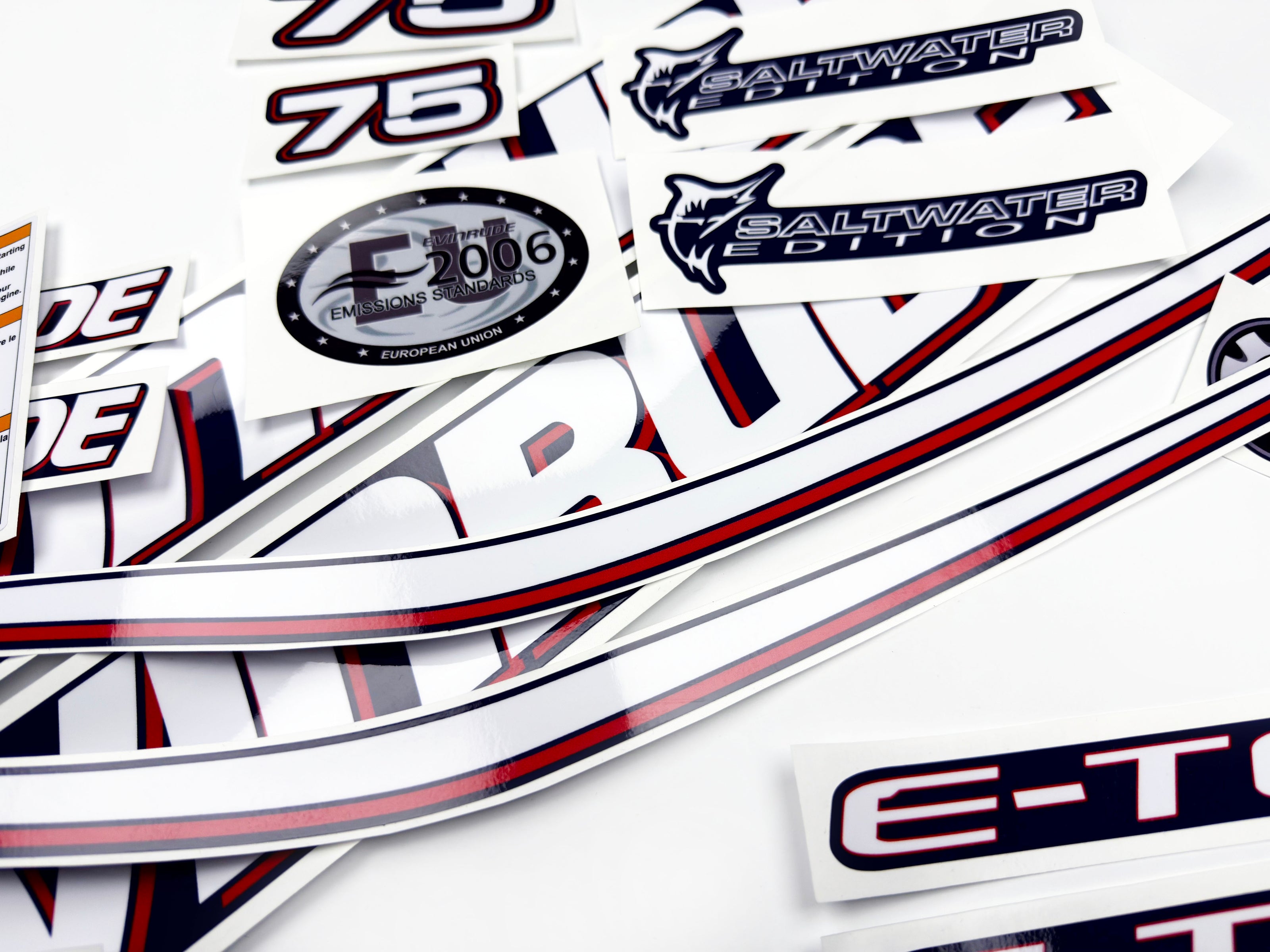 Vinyl graphic decals set suitable for Evinrude 75 hp two stroke outboard engine for blue cover cowling . Vinyl stickers kit for Ewinrude 75 hp two stroke Handmade