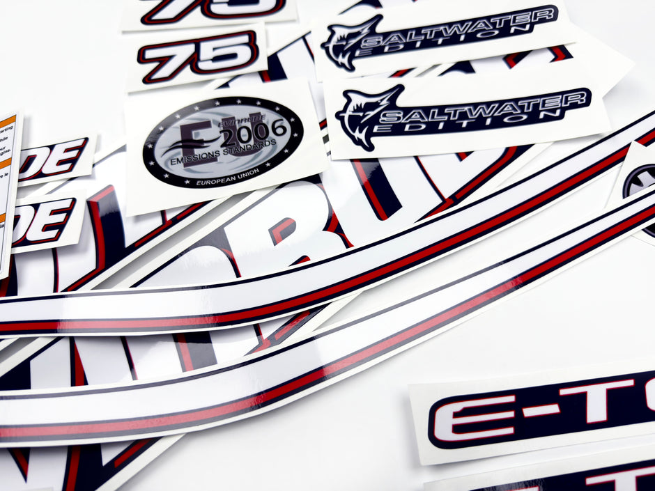 Vinyl graphic decals set suitable for Evinrude 75 hp two stroke outboard engine for blue cover cowling . Vinyl stickers kit for Ewinrude 75 hp two stroke Handmade