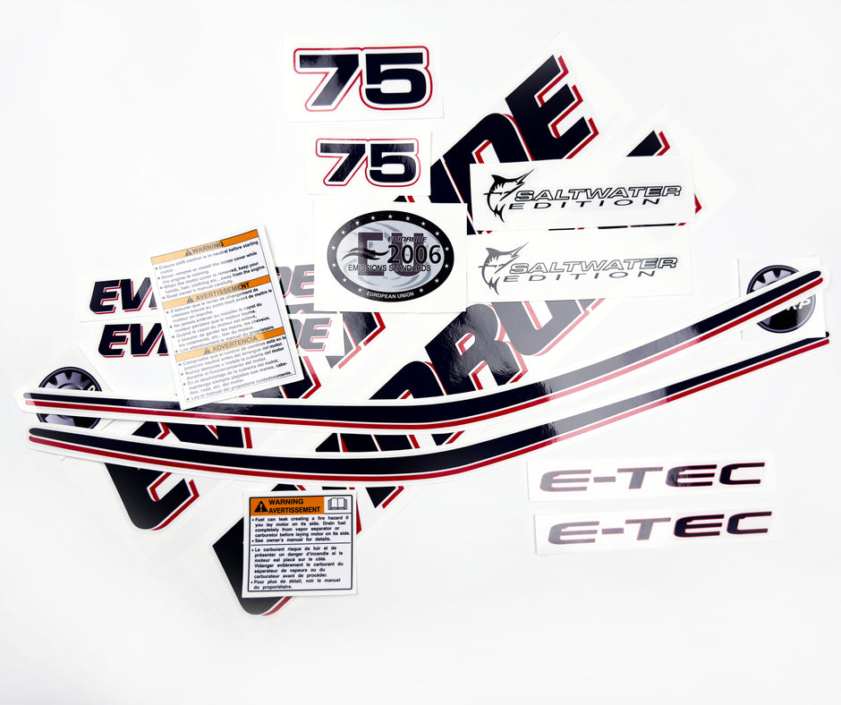 Vinyl graphic decals set suitable for Evinrude 75 hp two stroke outboard engine on transparent film for a white hood cover cowling . Vinyl stickers kit for Ewinrude 75 hp two stroke Handmade