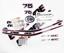 Vinyl graphic decals set suitable for Evinrude 75 hp two stroke outboard engine on transparent film for a white hood cover cowling . Vinyl stickers kit for Ewinrude 75 hp two stroke Handmade