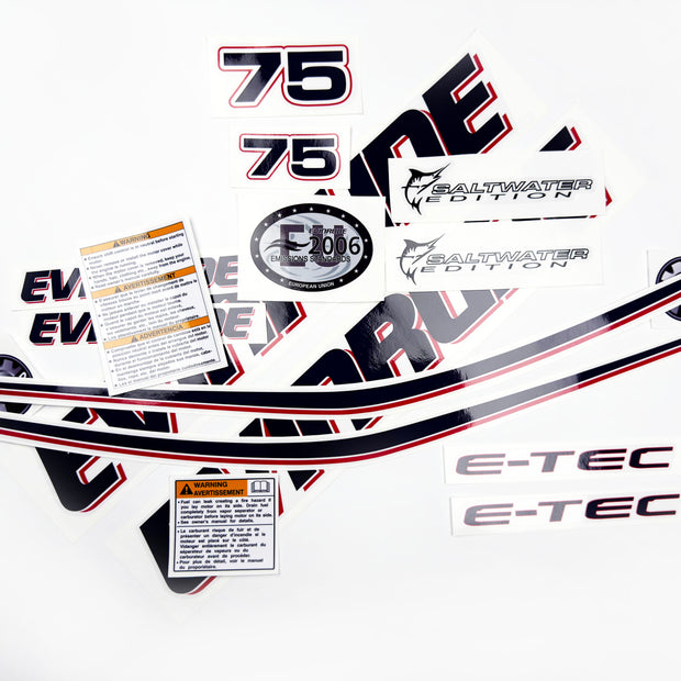 Vinyl graphic decals set suitable for Evinrude 75 hp two stroke outboard engine on transparent film for a white hood cover cowling . Vinyl stickers kit for Ewinrude 75 hp two stroke Handmade