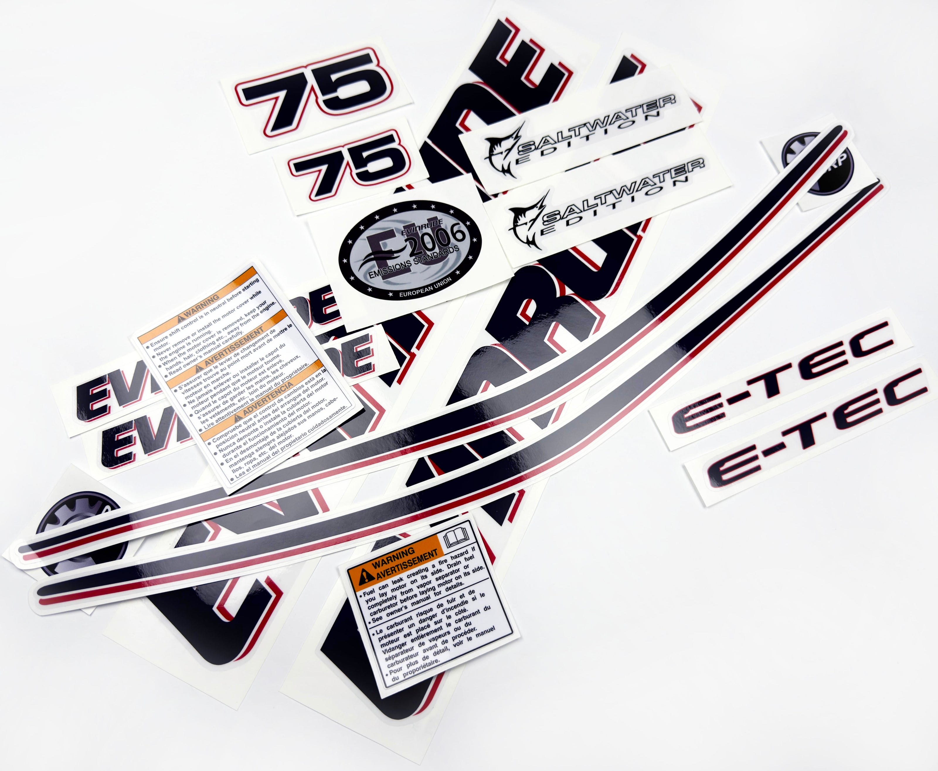 Vinyl graphic decals set suitable for Evinrude 75 hp two stroke outboard engine on transparent film for a white hood cover cowling . Vinyl stickers kit for Ewinrude 75 hp two stroke Handmade