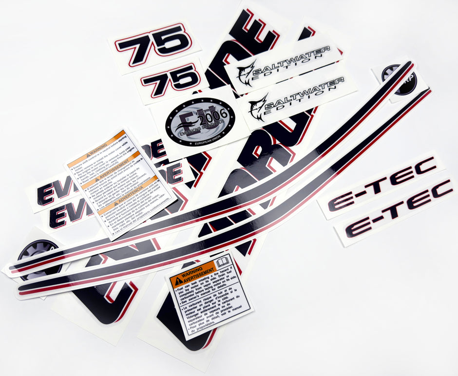 Vinyl graphic decals set suitable for Evinrude 75 hp two stroke outboard engine on transparent film for a white hood cover cowling . Vinyl stickers kit for Ewinrude 75 hp two stroke Handmade