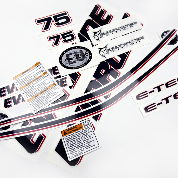 Vinyl graphic decals set suitable for Evinrude 75 hp two stroke outboard engine on transparent film for a white hood cover cowling . Vinyl stickers kit for Ewinrude 75 hp two stroke Handmade
