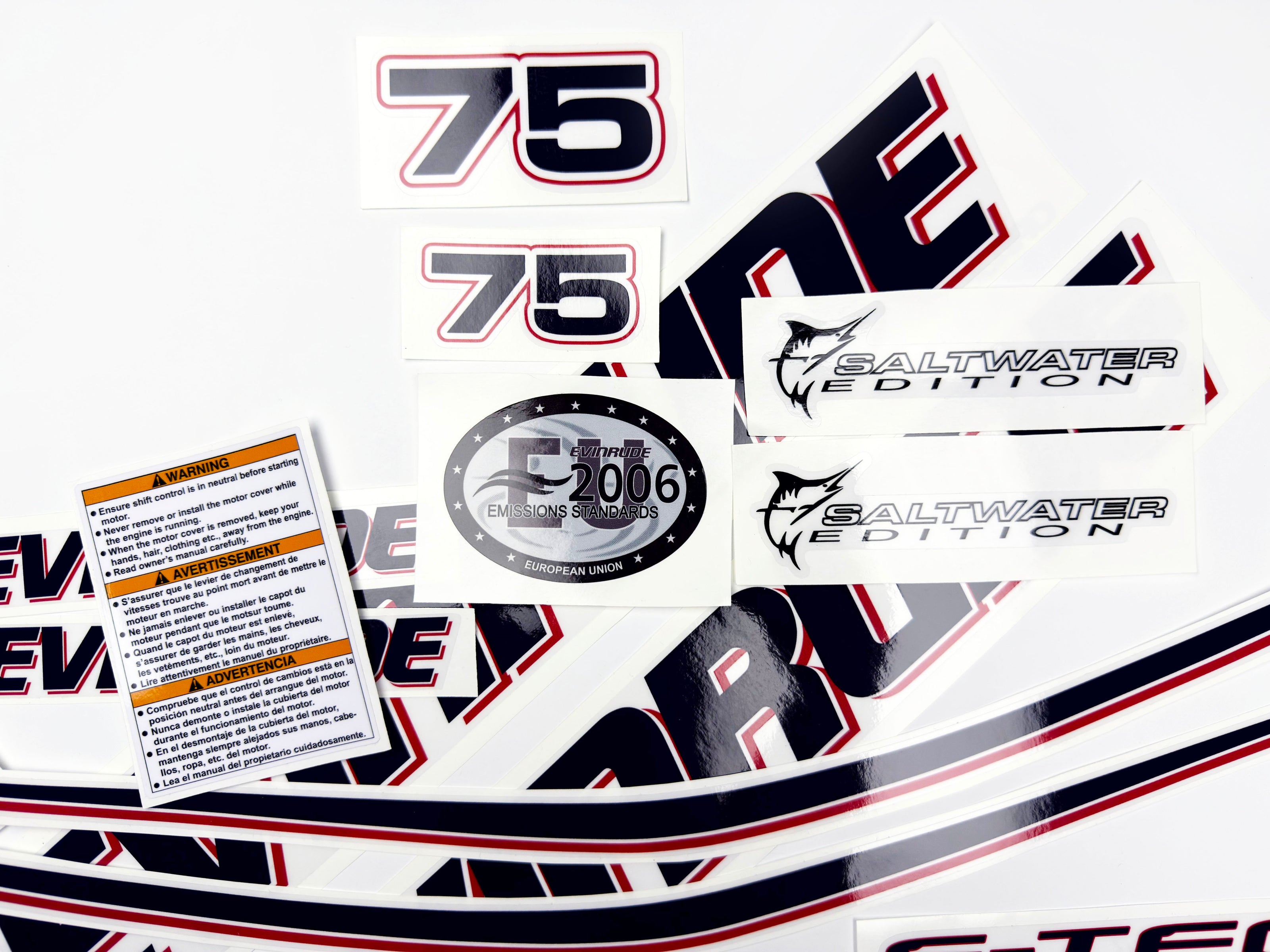 Vinyl graphic decals set suitable for Evinrude 75 hp two stroke outboard engine on transparent film for a white hood cover cowling . Vinyl stickers kit for Ewinrude 75 hp two stroke Handmade