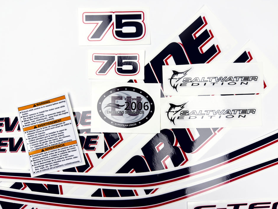 Vinyl graphic decals set suitable for Evinrude 75 hp two stroke outboard engine on transparent film for a white hood cover cowling . Vinyl stickers kit for Ewinrude 75 hp two stroke Handmade