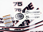 Vinyl graphic decals set suitable for Evinrude 75 hp two stroke outboard engine on transparent film for a white hood cover cowling . Vinyl stickers kit for Ewinrude 75 hp two stroke Handmade