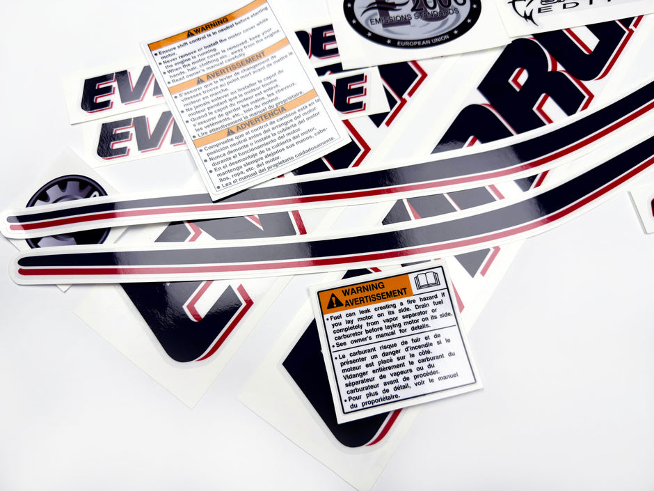 Vinyl graphic decals set suitable for Evinrude 75 hp two stroke outboard engine on transparent film for a white hood cover cowling . Vinyl stickers kit for Ewinrude 75 hp two stroke Handmade