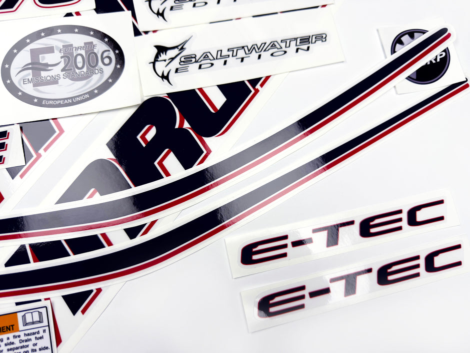 Vinyl graphic decals set suitable for Evinrude 75 hp two stroke outboard engine on transparent film for a white hood cover cowling . Vinyl stickers kit for Ewinrude 75 hp two stroke Handmade