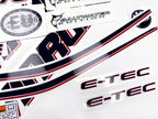 Vinyl graphic decals set suitable for Evinrude 75 hp two stroke outboard engine on transparent film for a white hood cover cowling . Vinyl stickers kit for Ewinrude 75 hp two stroke Handmade
