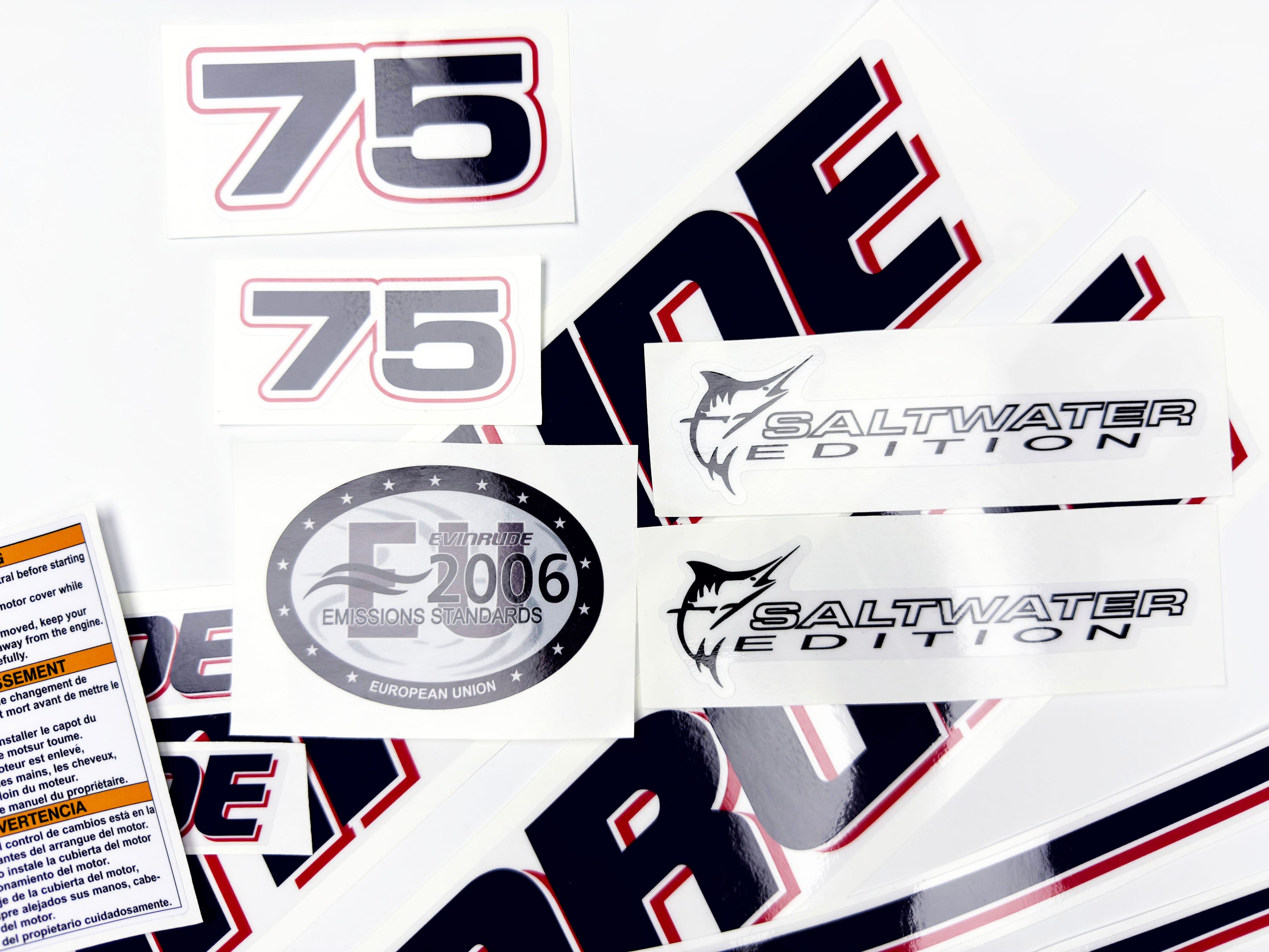 Vinyl graphic decals set suitable for Evinrude 75 hp two stroke outboard engine on transparent film for a white hood cover cowling . Vinyl stickers kit for Ewinrude 75 hp two stroke Handmade