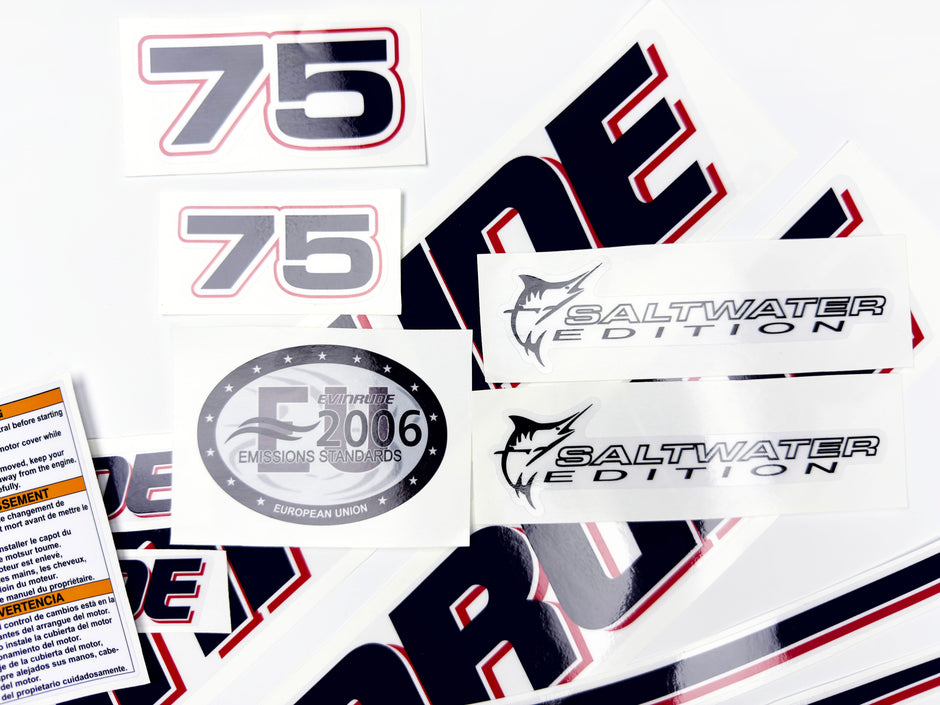 Vinyl graphic decals set suitable for Evinrude 75 hp two stroke outboard engine on transparent film for a white hood cover cowling . Vinyl stickers kit for Ewinrude 75 hp two stroke Handmade