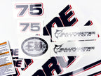 Vinyl graphic decals set suitable for Evinrude 75 hp two stroke outboard engine on transparent film for a white hood cover cowling . Vinyl stickers kit for Ewinrude 75 hp two stroke Handmade