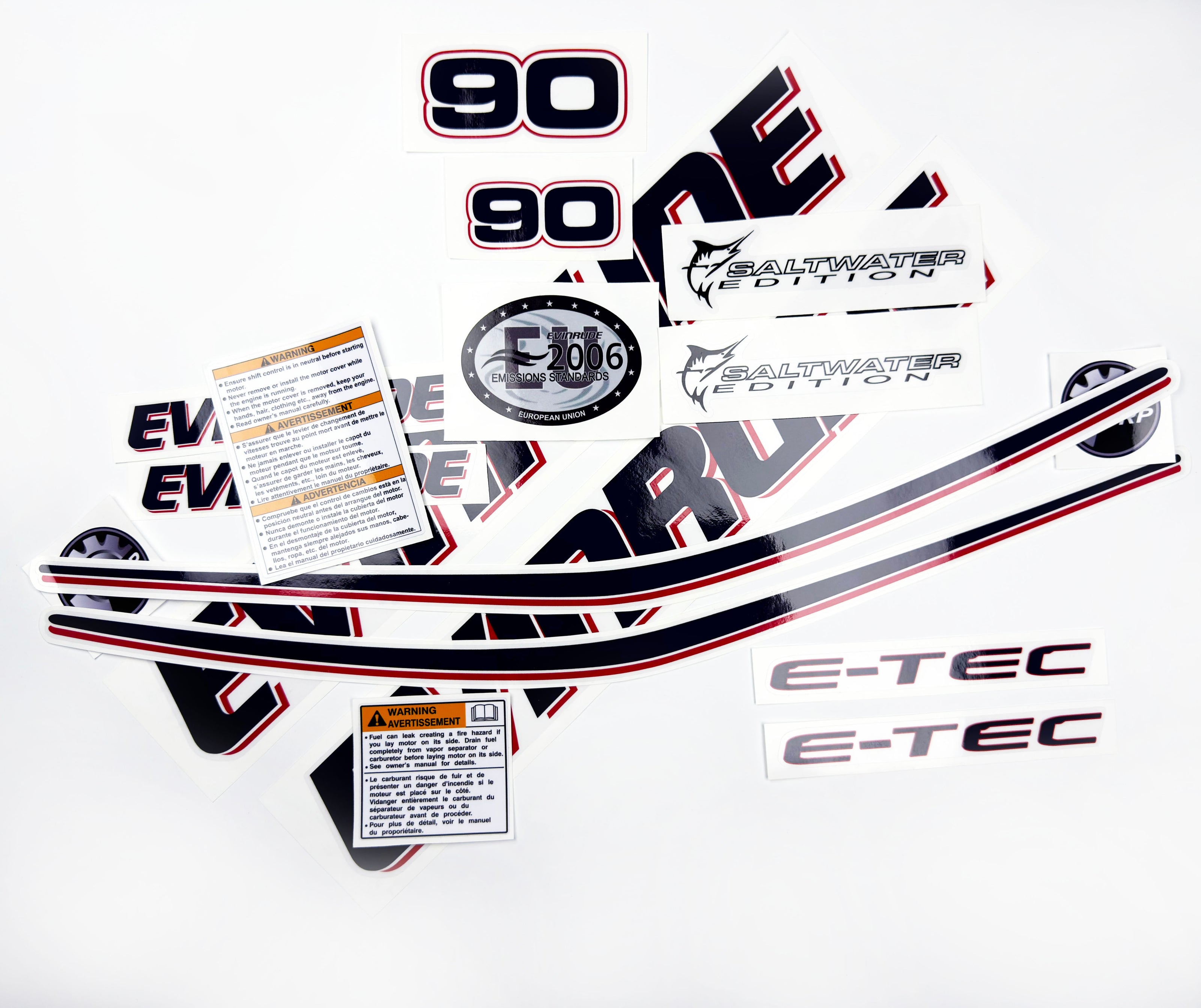 Vinyl graphic decals set suitable for Evinrude 90 hp two stroke outboard engine on transparent film for a white hood cover cowling . Vinyl stickers kit for Ewinrude 90 hp two stroke Handmade