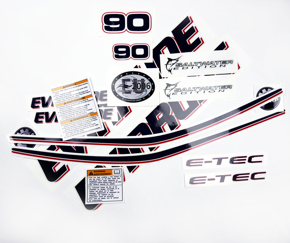 Vinyl graphic decals set suitable for Evinrude 90 hp two stroke outboard engine on transparent film for a white hood cover cowling . Vinyl stickers kit for Ewinrude 90 hp two stroke Handmade