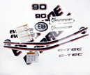 Vinyl graphic decals set suitable for Evinrude 90 hp two stroke outboard engine on transparent film for a white hood cover cowling . Vinyl stickers kit for Ewinrude 90 hp two stroke Handmade