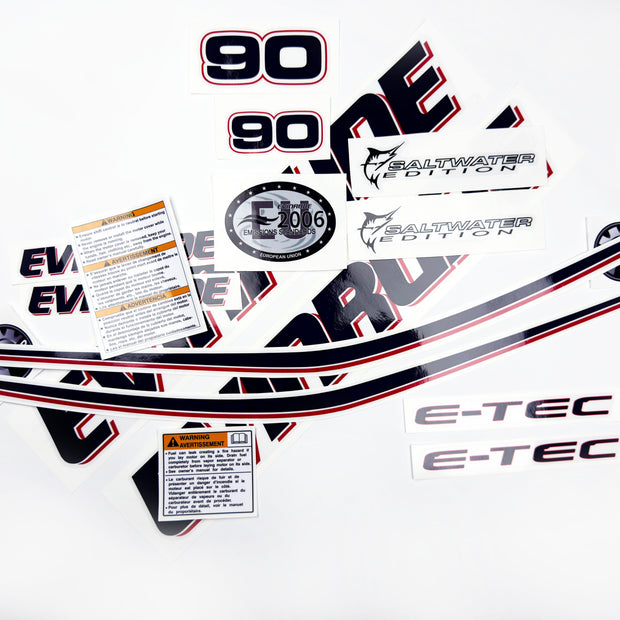 Vinyl graphic decals set suitable for Evinrude 90 hp two stroke outboard engine on transparent film for a white hood cover cowling . Vinyl stickers kit for Ewinrude 90 hp two stroke Handmade