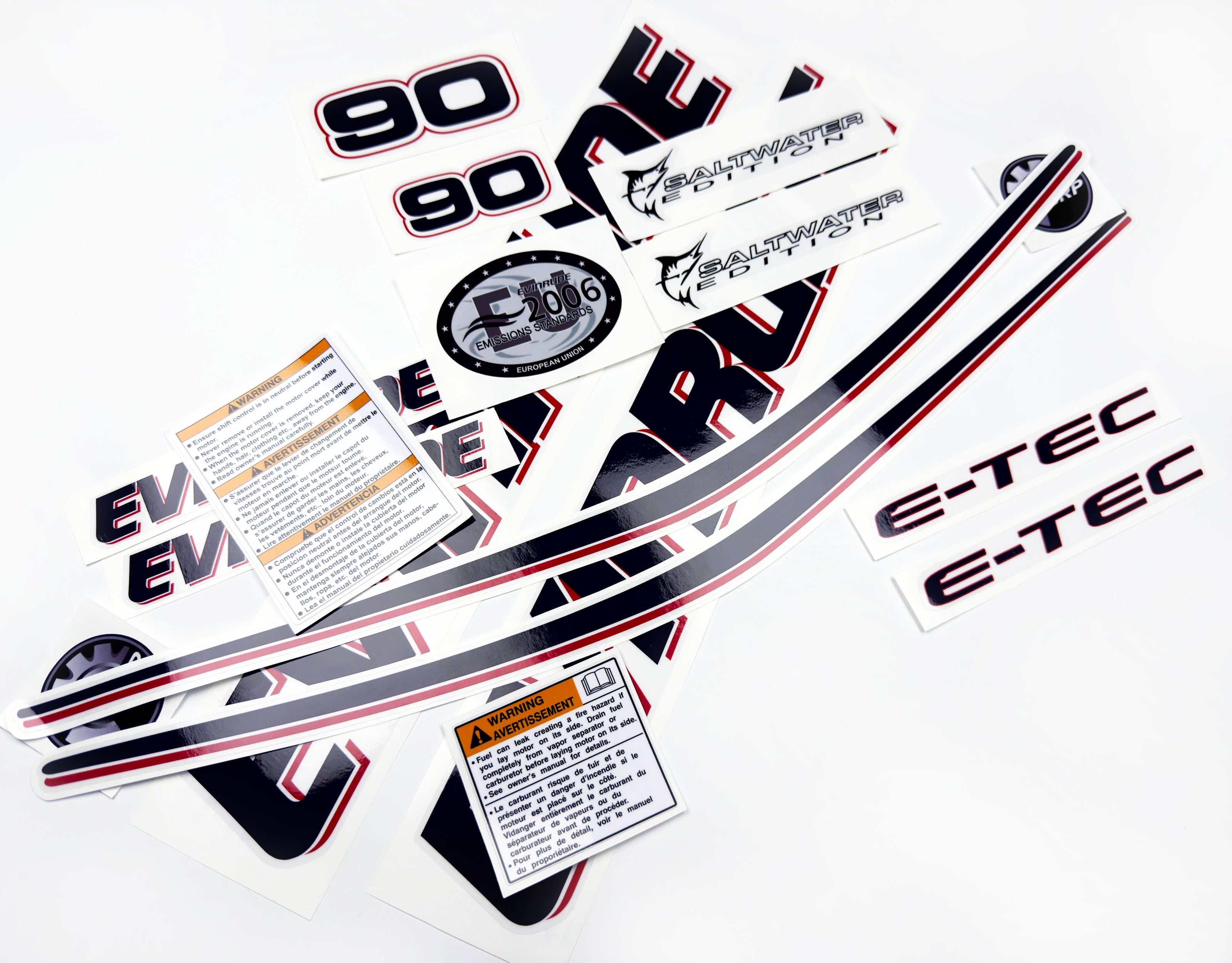 Vinyl graphic decals set suitable for Evinrude 90 hp two stroke outboard engine on transparent film for a white hood cover cowling . Vinyl stickers kit for Ewinrude 90 hp two stroke Handmade