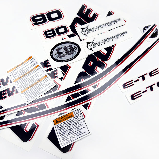 Vinyl graphic decals set suitable for Evinrude 90 hp two stroke outboard engine on transparent film for a white hood cover cowling . Vinyl stickers kit for Ewinrude 90 hp two stroke Handmade