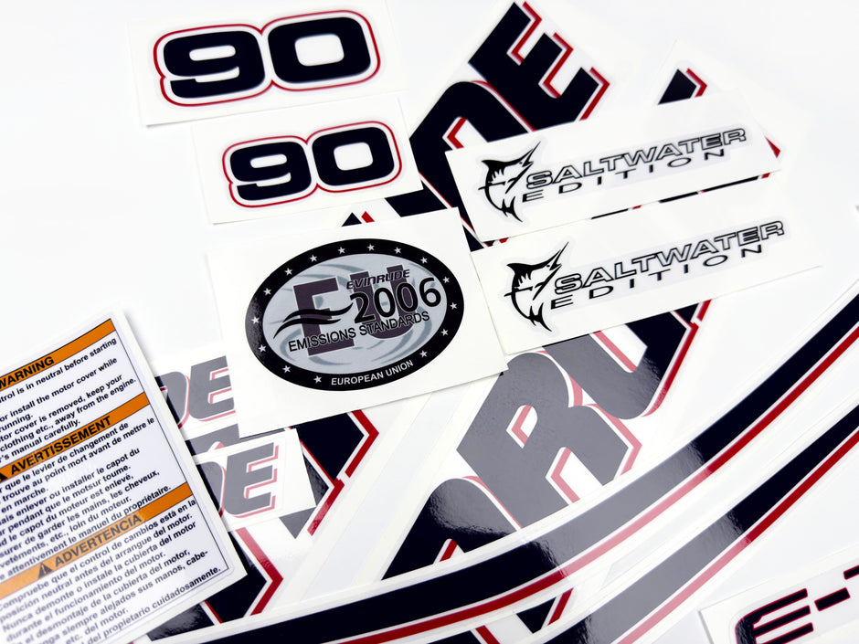 Vinyl graphic decals set suitable for Evinrude 90 hp two stroke outboard engine on transparent film for a white hood cover cowling . Vinyl stickers kit for Ewinrude 90 hp two stroke Handmade