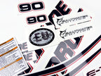 Vinyl graphic decals set suitable for Evinrude 90 hp two stroke outboard engine on transparent film for a white hood cover cowling . Vinyl stickers kit for Ewinrude 90 hp two stroke Handmade