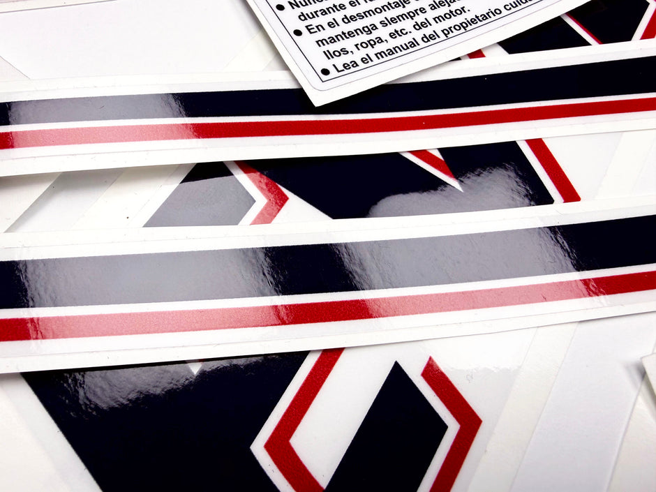 Vinyl graphic decals set suitable for Evinrude 90 hp two stroke outboard engine on transparent film for a white hood cover cowling . Vinyl stickers kit for Ewinrude 90 hp two stroke Handmade