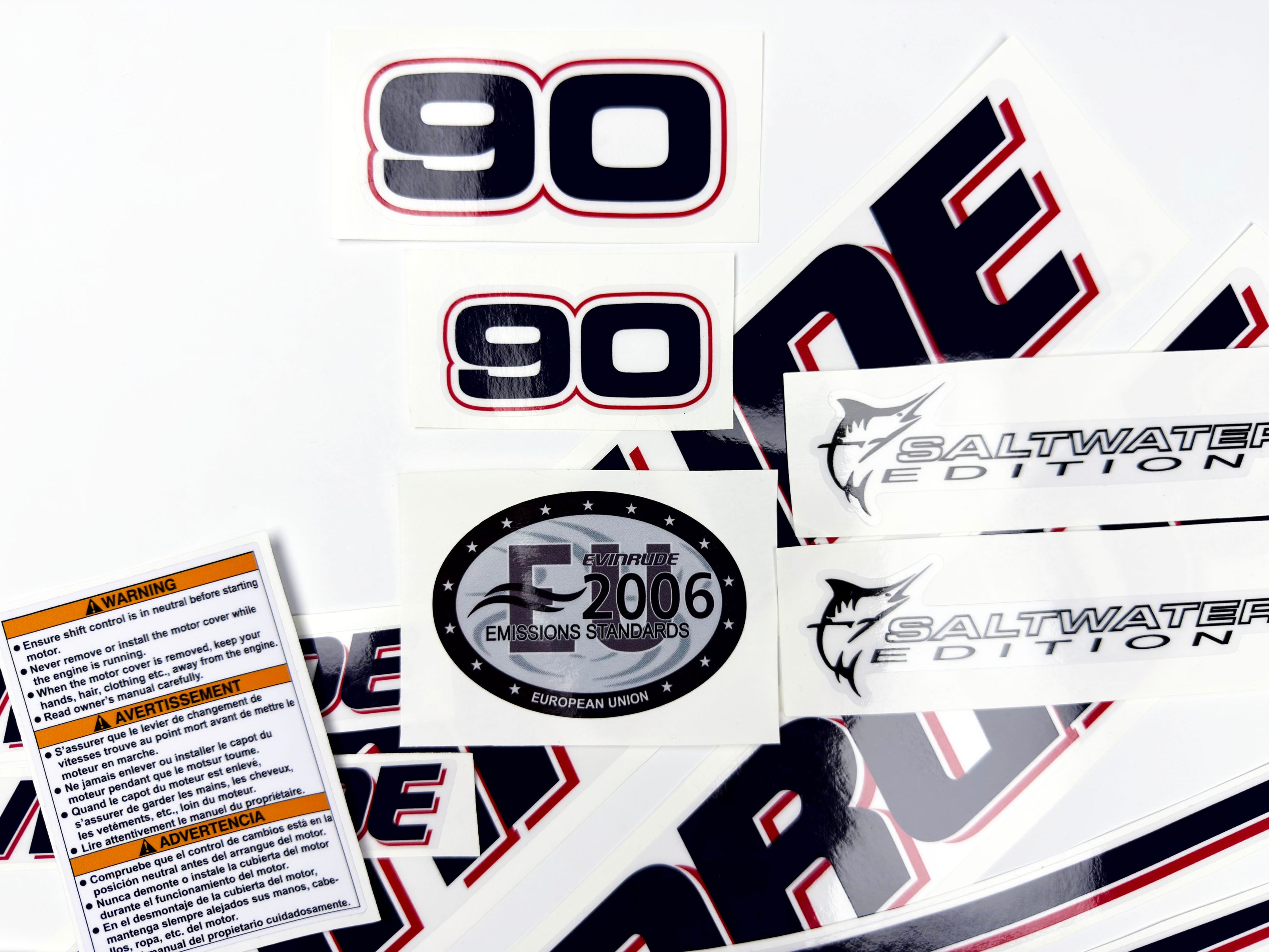 Vinyl graphic decals set suitable for Evinrude 90 hp two stroke outboard engine on transparent film for a white hood cover cowling . Vinyl stickers kit for Ewinrude 90 hp two stroke Handmade