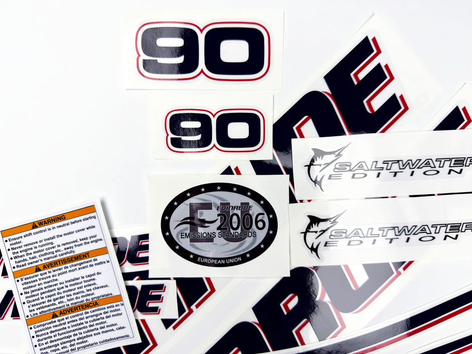 Vinyl graphic decals set suitable for Evinrude 90 hp two stroke outboard engine on transparent film for a white hood cover cowling . Vinyl stickers kit for Ewinrude 90 hp two stroke Handmade