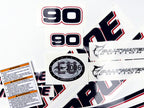 Vinyl graphic decals set suitable for Evinrude 90 hp two stroke outboard engine on transparent film for a white hood cover cowling . Vinyl stickers kit for Ewinrude 90 hp two stroke Handmade