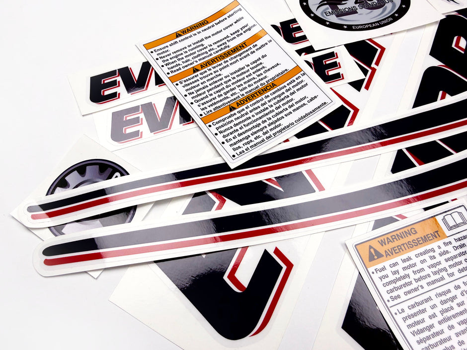 Vinyl graphic decals set suitable for Evinrude 60 hp two stroke outboard engine on transparent film for a white hood cover cowling . Vinyl stickers kit for Ewinrude 60 hp two stroke Handmade