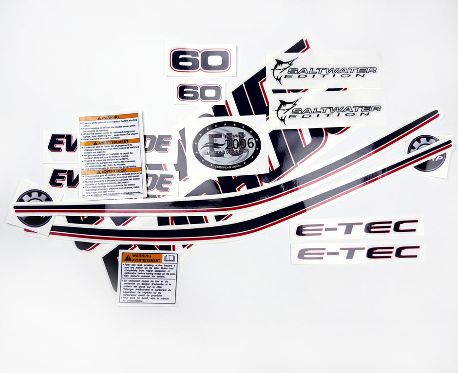Vinyl graphic decals set suitable for Evinrude 60 hp two stroke outboard engine on transparent film for a white hood cover cowling . Vinyl stickers kit for Ewinrude 60 hp two stroke Handmade