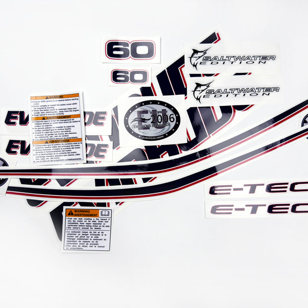 Vinyl graphic decals set suitable for Evinrude 60 hp two stroke outboard engine on transparent film for a white hood cover cowling . Vinyl stickers kit for Ewinrude 60 hp two stroke Handmade