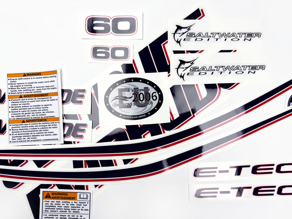 Vinyl graphic decals set suitable for Evinrude 60 hp two stroke outboard engine on transparent film for a white hood cover cowling . Vinyl stickers kit for Ewinrude 60 hp two stroke Handmade
