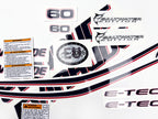 Vinyl graphic decals set suitable for Evinrude 60 hp two stroke outboard engine on transparent film for a white hood cover cowling . Vinyl stickers kit for Ewinrude 60 hp two stroke Handmade