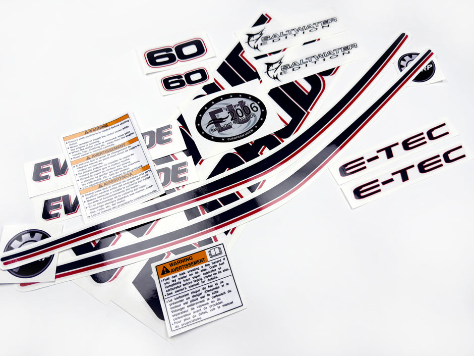 Vinyl graphic decals set suitable for Evinrude 60 hp two stroke outboard engine on transparent film for a white hood cover cowling . Vinyl stickers kit for Ewinrude 60 hp two stroke Handmade