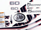 Vinyl graphic decals set suitable for Evinrude 60 hp two stroke outboard engine on transparent film for a white hood cover cowling . Vinyl stickers kit for Ewinrude 60 hp two stroke Handmade