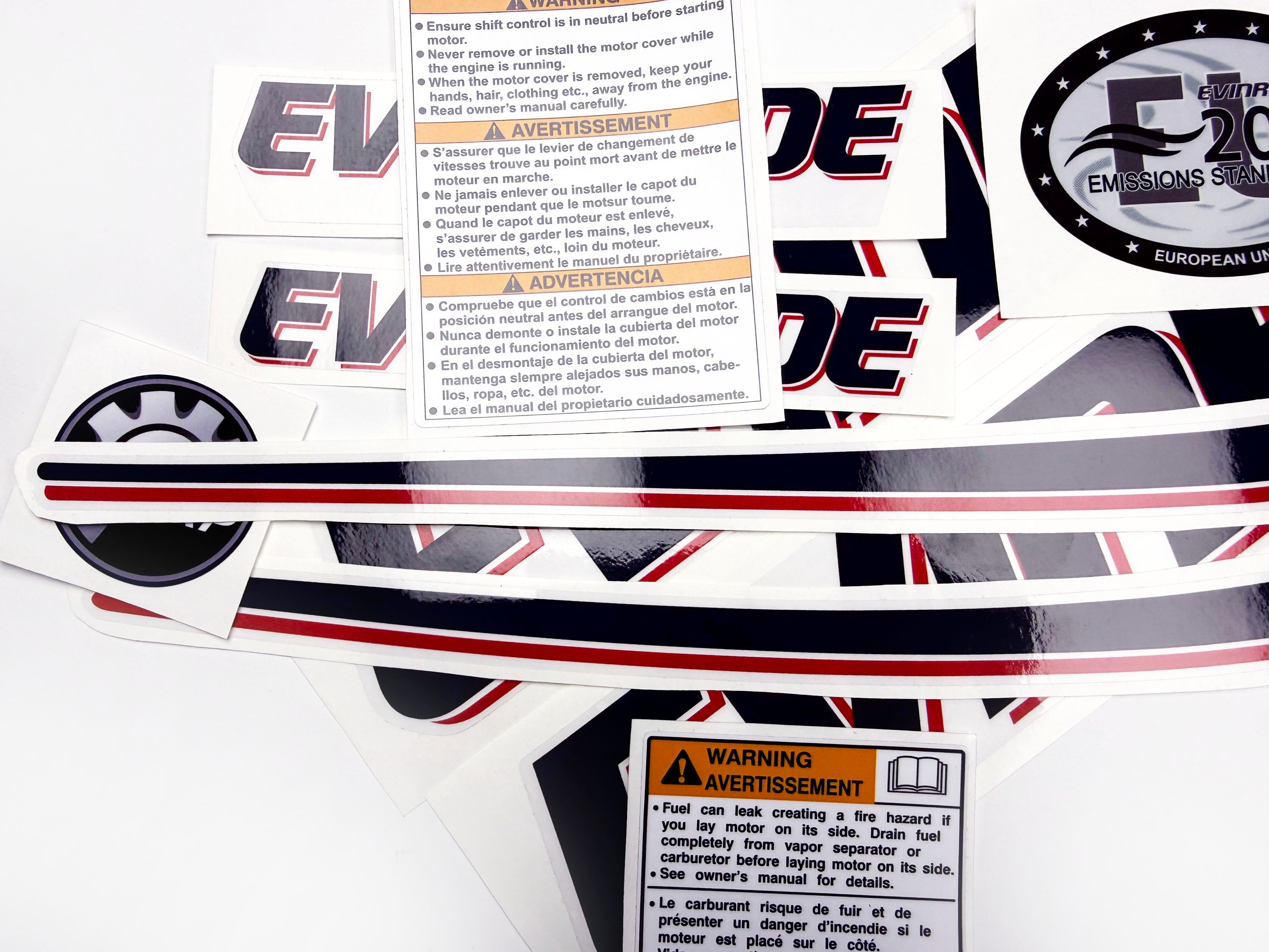 Vinyl graphic decals set suitable for Evinrude 60 hp two stroke outboard engine on transparent film for a white hood cover cowling . Vinyl stickers kit for Ewinrude 60 hp two stroke Handmade