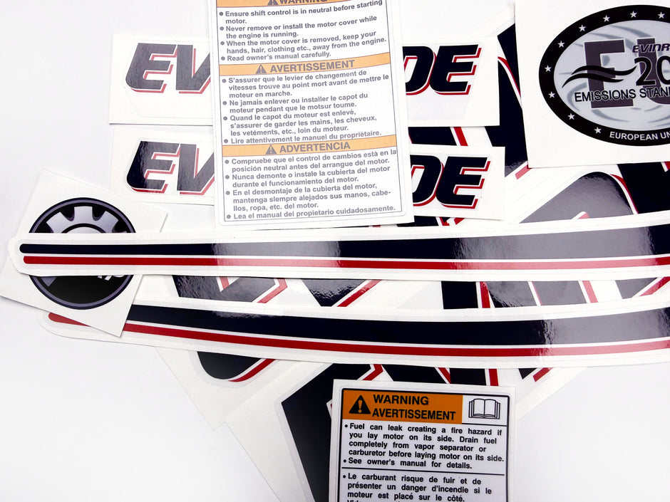 Vinyl graphic decals set suitable for Evinrude 60 hp two stroke outboard engine on transparent film for a white hood cover cowling . Vinyl stickers kit for Ewinrude 60 hp two stroke Handmade