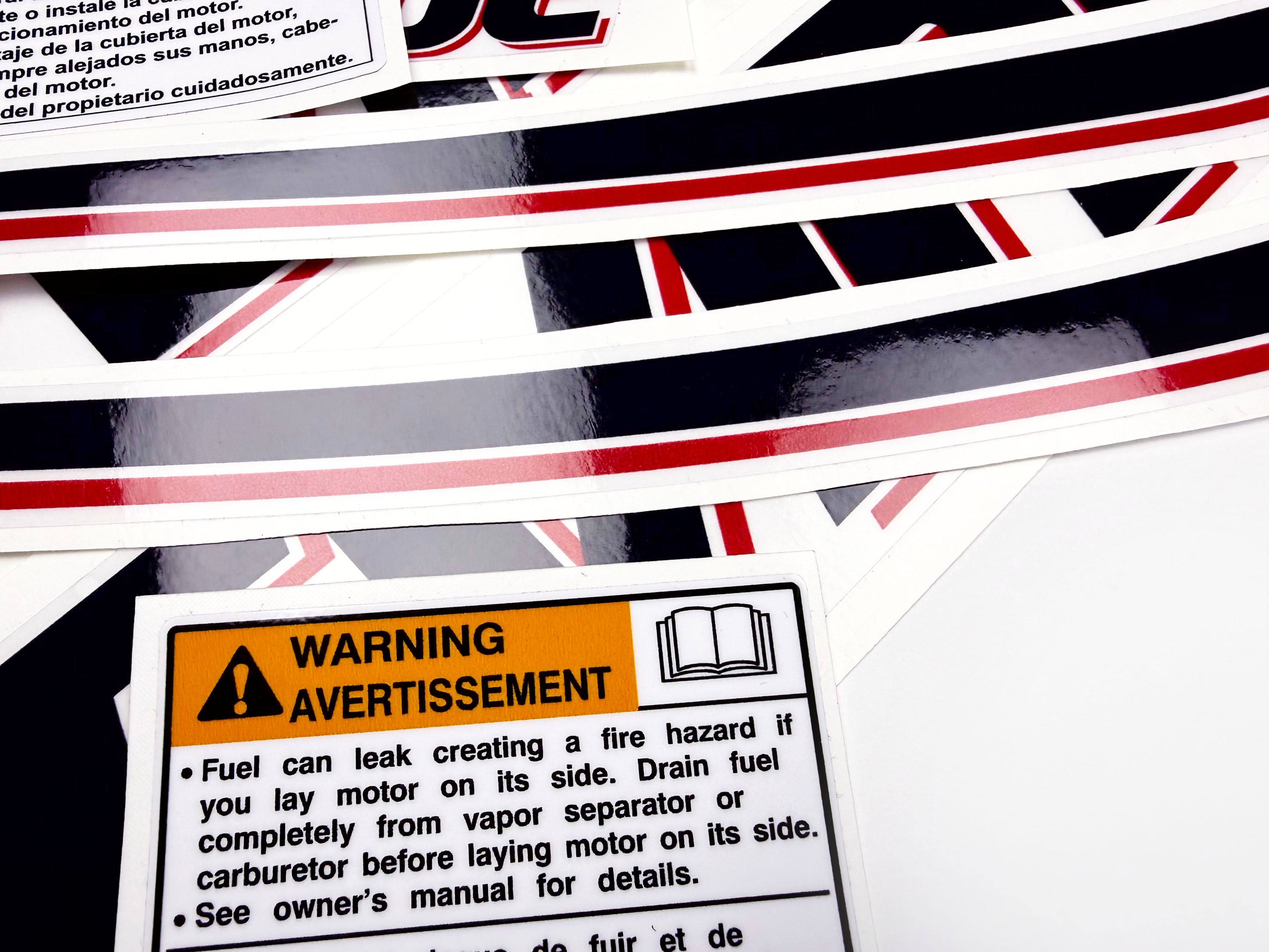 Vinyl graphic decals set suitable for Evinrude 60 hp two stroke outboard engine on transparent film for a white hood cover cowling . Vinyl stickers kit for Ewinrude 60 hp two stroke Handmade