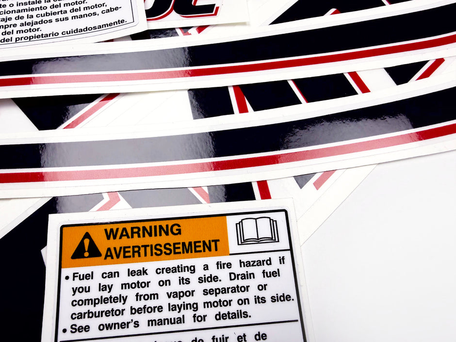 Vinyl graphic decals set suitable for Evinrude 90 hp two stroke outboard engine on transparent film for a white hood cover cowling . Vinyl stickers kit for Ewinrude 90 hp two stroke Handmade