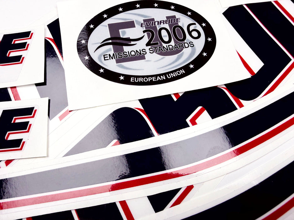 Vinyl graphic decals set suitable for Evinrude 60 hp two stroke outboard engine on transparent film for a white hood cover cowling . Vinyl stickers kit for Ewinrude 60 hp two stroke Handmade