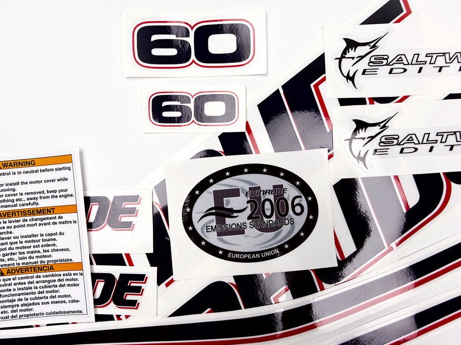 Vinyl graphic decals set suitable for Evinrude 60 hp two stroke outboard engine on transparent film for a white hood cover cowling . Vinyl stickers kit for Ewinrude 60 hp two stroke Handmade