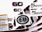 Vinyl graphic decals set suitable for Evinrude 60 hp two stroke outboard engine on transparent film for a white hood cover cowling . Vinyl stickers kit for Ewinrude 60 hp two stroke Handmade